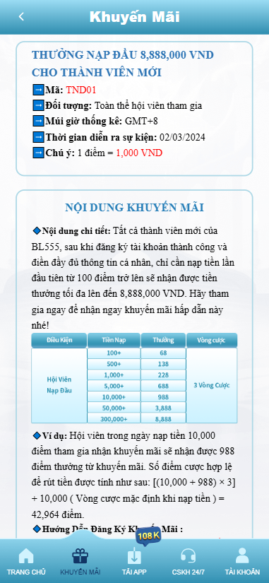 Nạp tiền nhận ngay 8888k cho người chơi mới